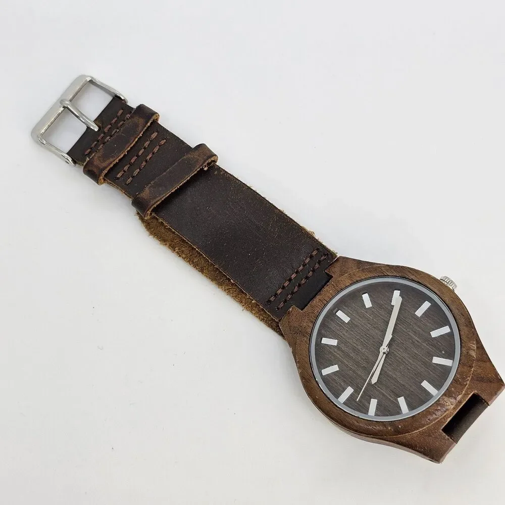 Wood Men's Watch 44MM Brown Dial Case Brown Leather Bands New Battery‎